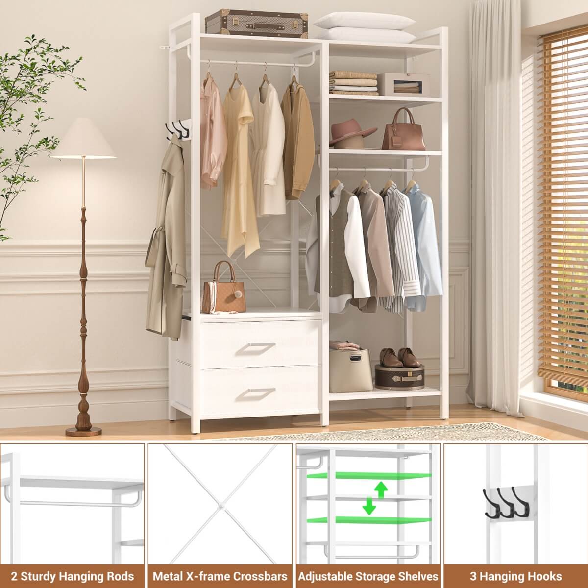 6-Tier Reversible Clothes Rack with Shelves & 2 Drawers