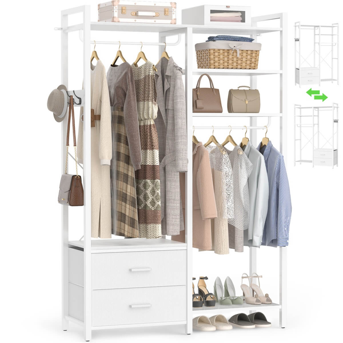 6-Tier Reversible Clothes Rack with Shelves & 2 Drawers