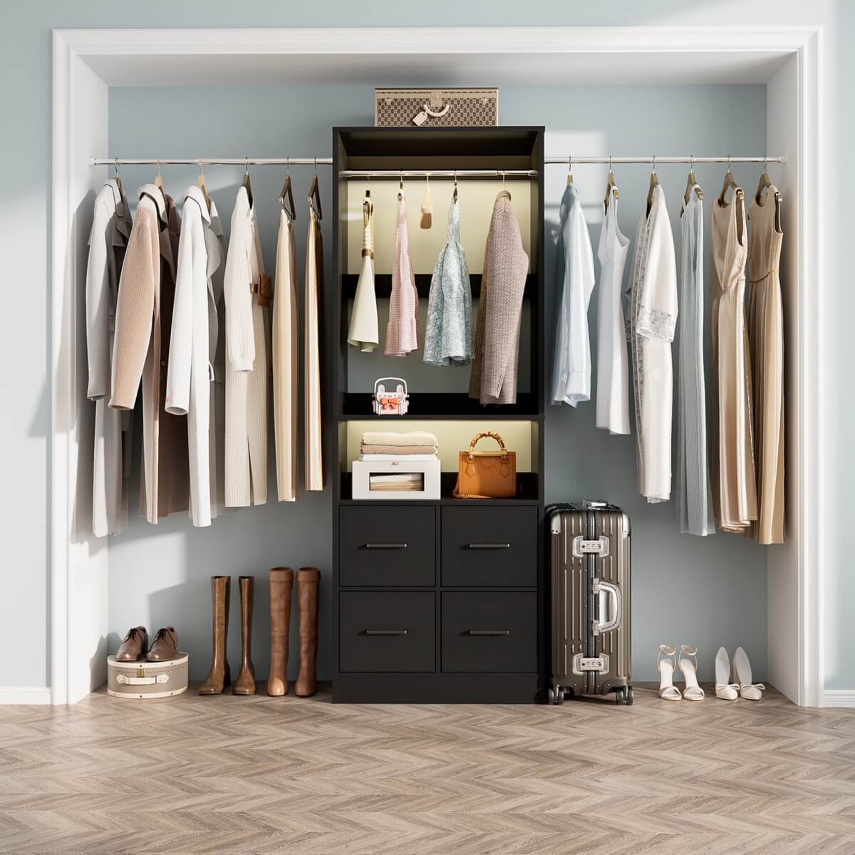 8FT Walk-in Closet System with 4 Fabric Drawers and 2 Rods