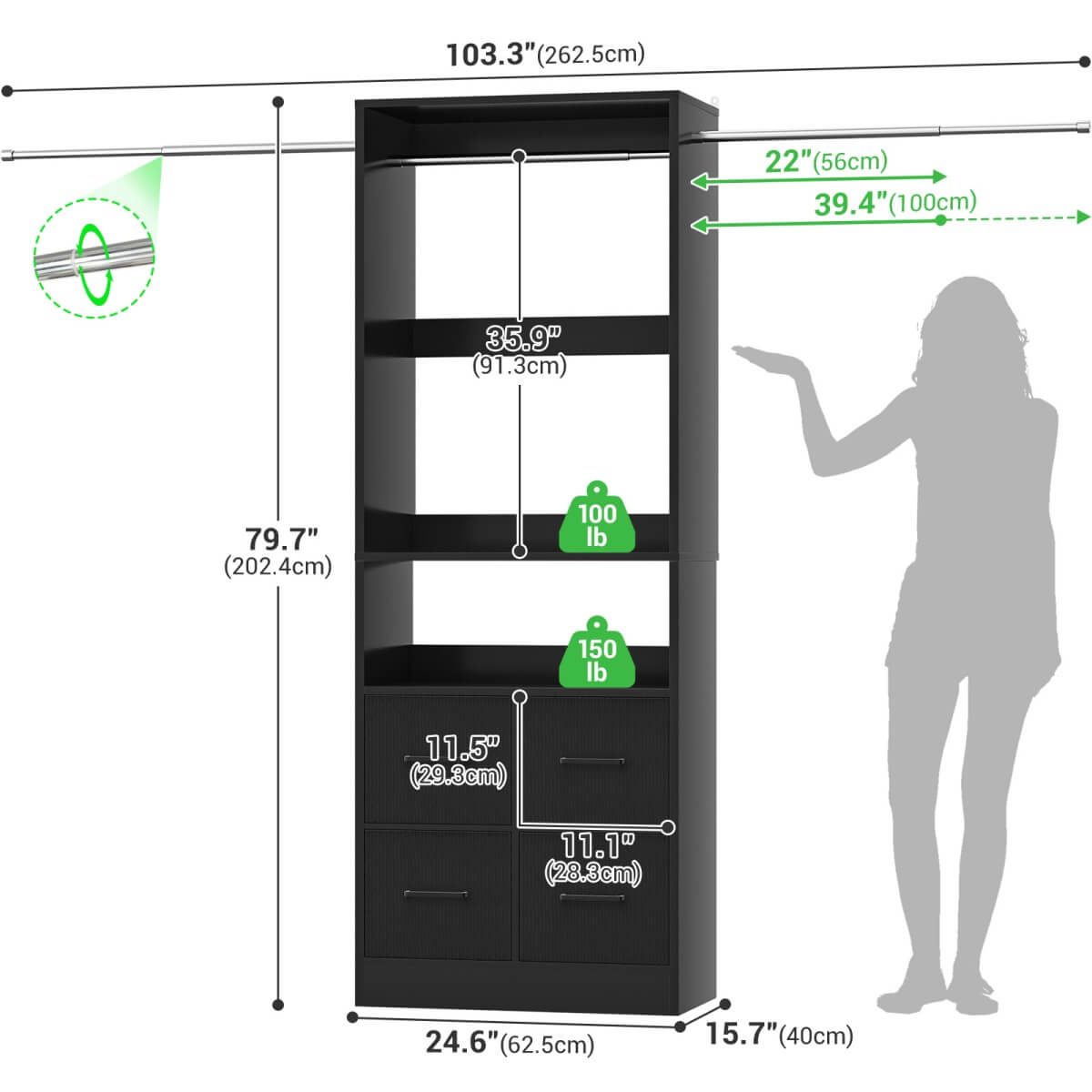 8FT Walk-in Closet System with 4 Fabric Drawers and 2 Rods