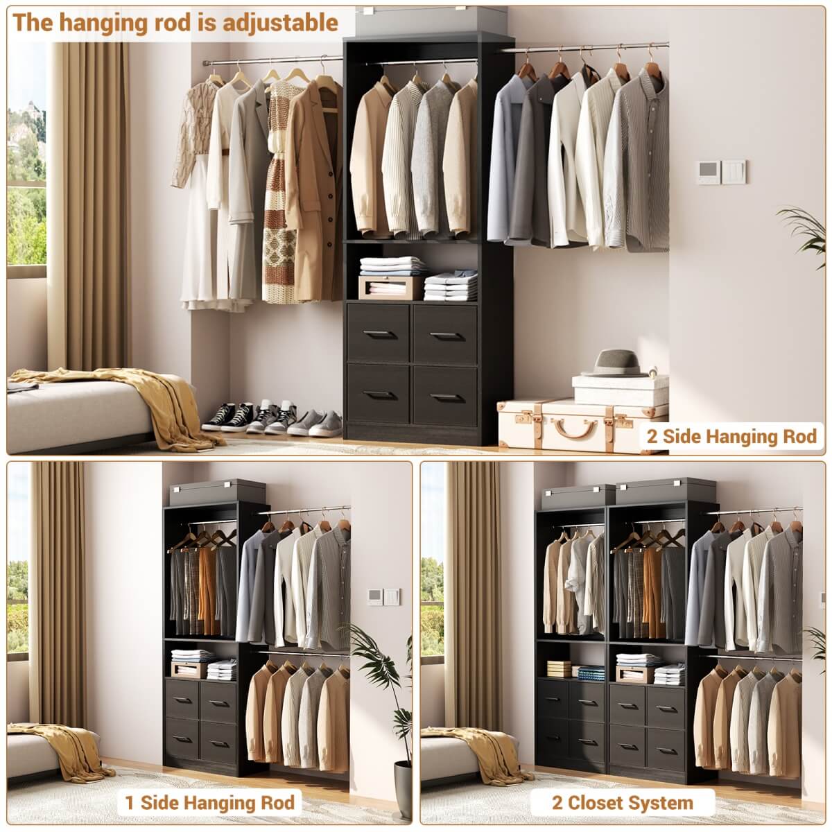 8FT Walk-in Closet System with 4 Fabric Drawers and 2 Rods