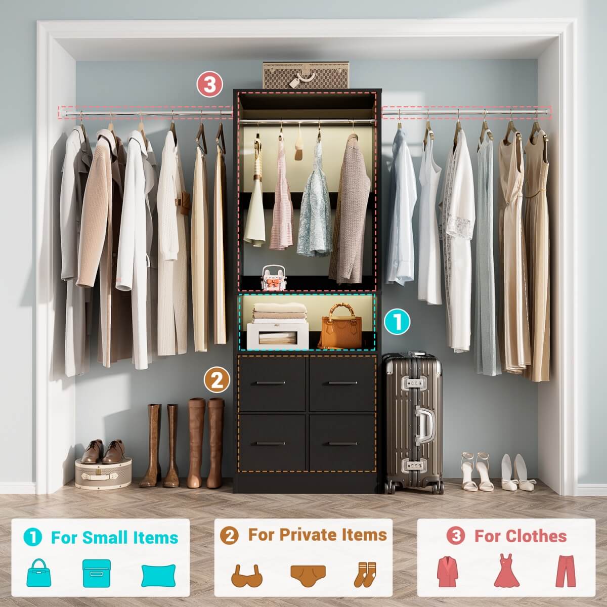 8FT Walk-in Closet System with 4 Fabric Drawers and 2 Rods