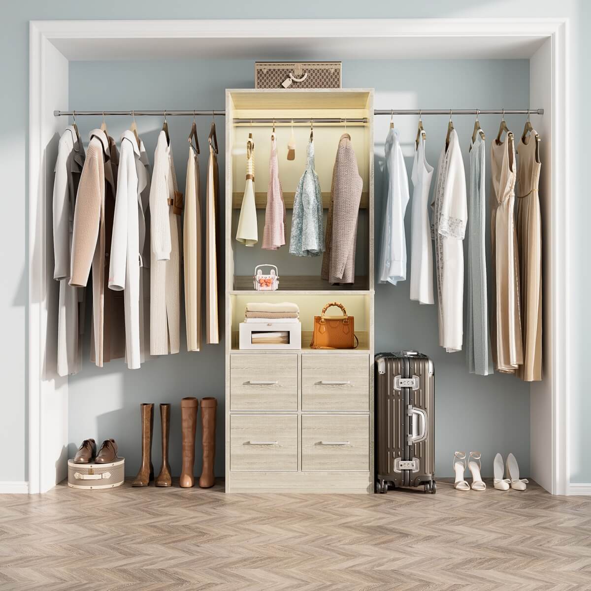 8FT Walk-in Closet System with 4 Fabric Drawers and 2 Rods