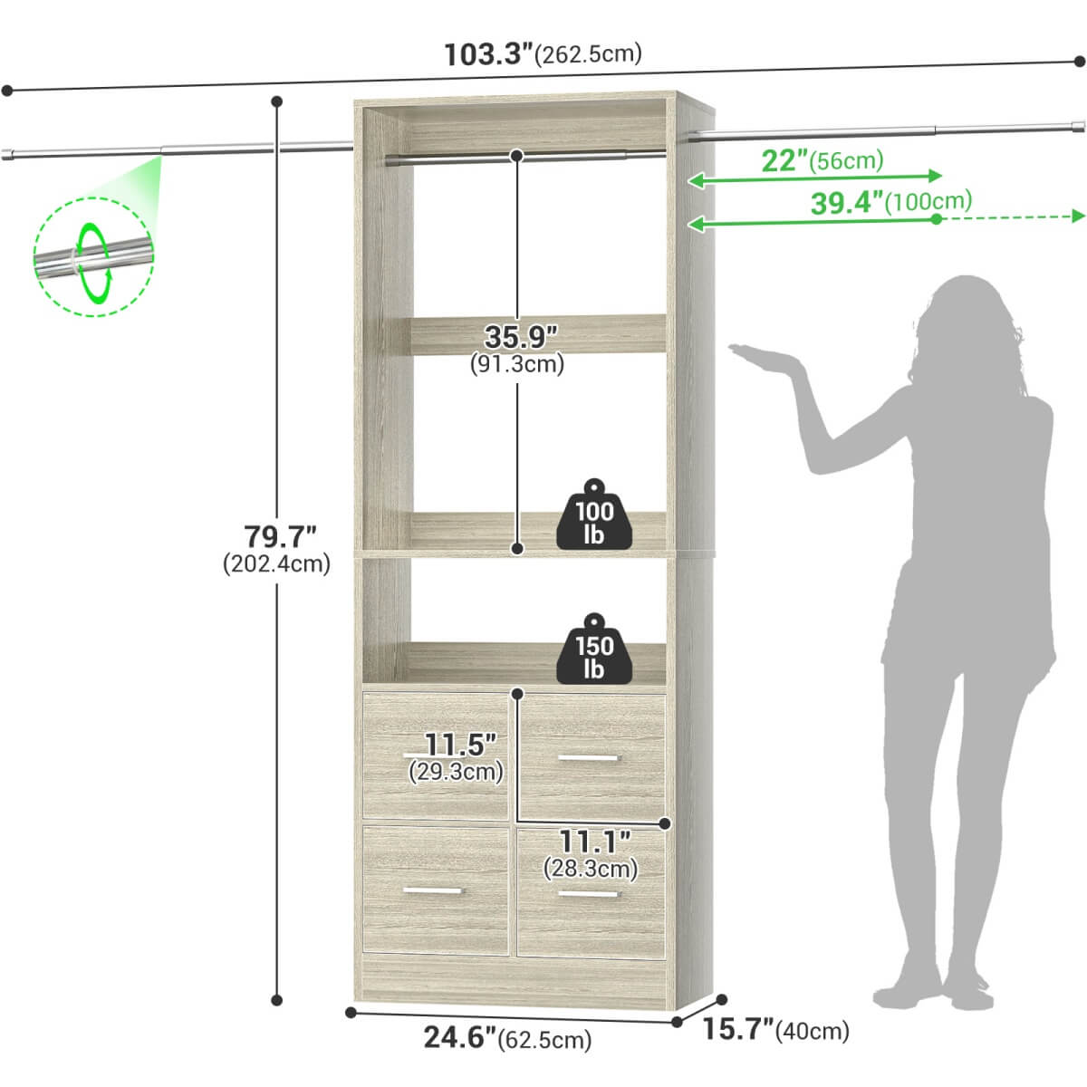 8FT Walk-in Closet System with 4 Fabric Drawers and 2 Rods