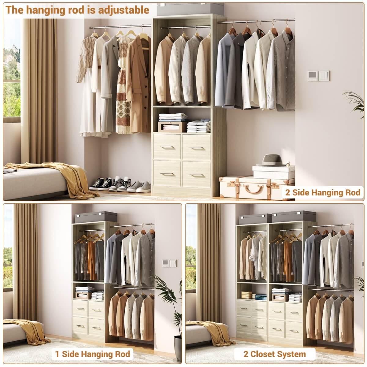 8FT Walk-in Closet System with 4 Fabric Drawers and 2 Rods
