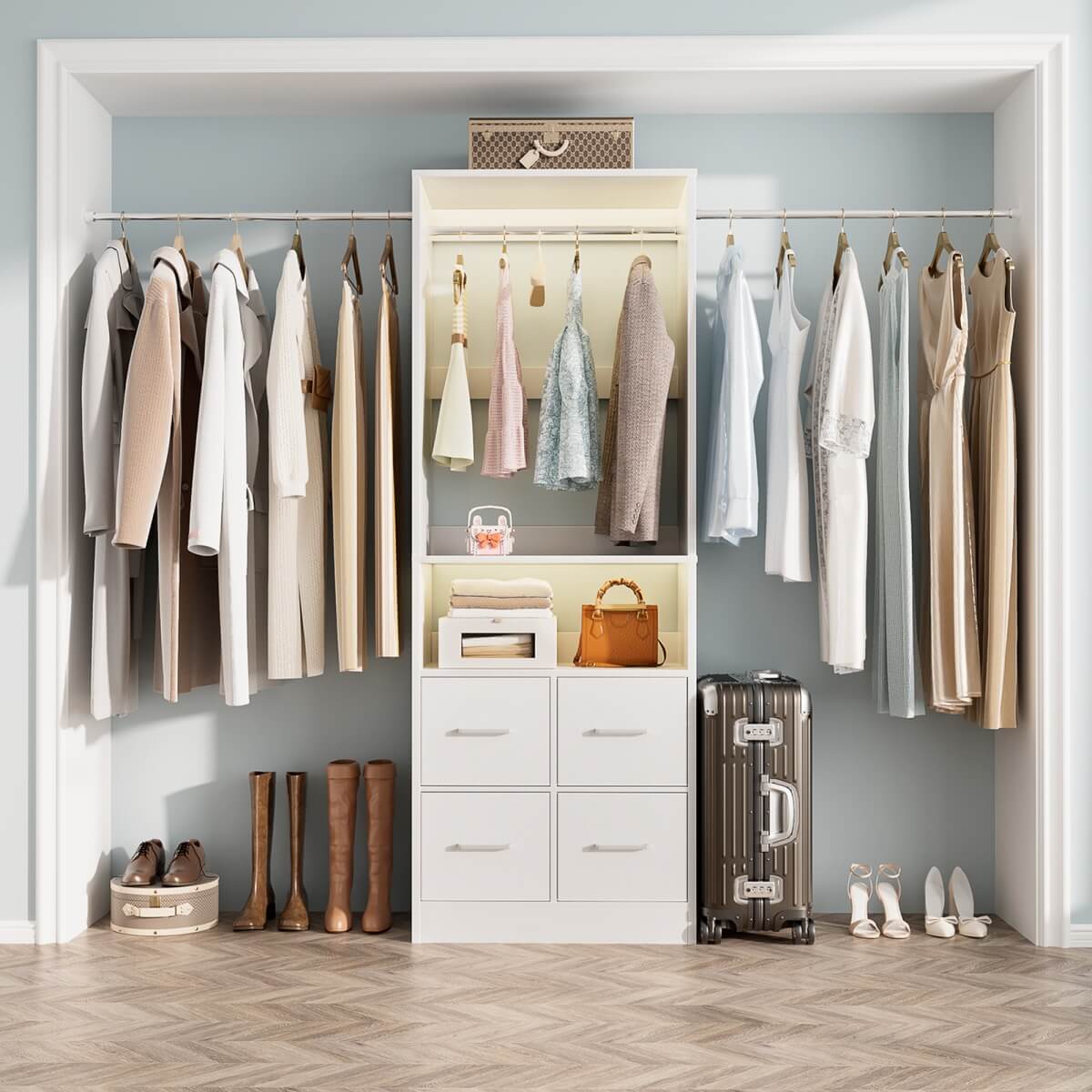 8FT Walk-in Closet System with 4 Fabric Drawers and 2 Rods