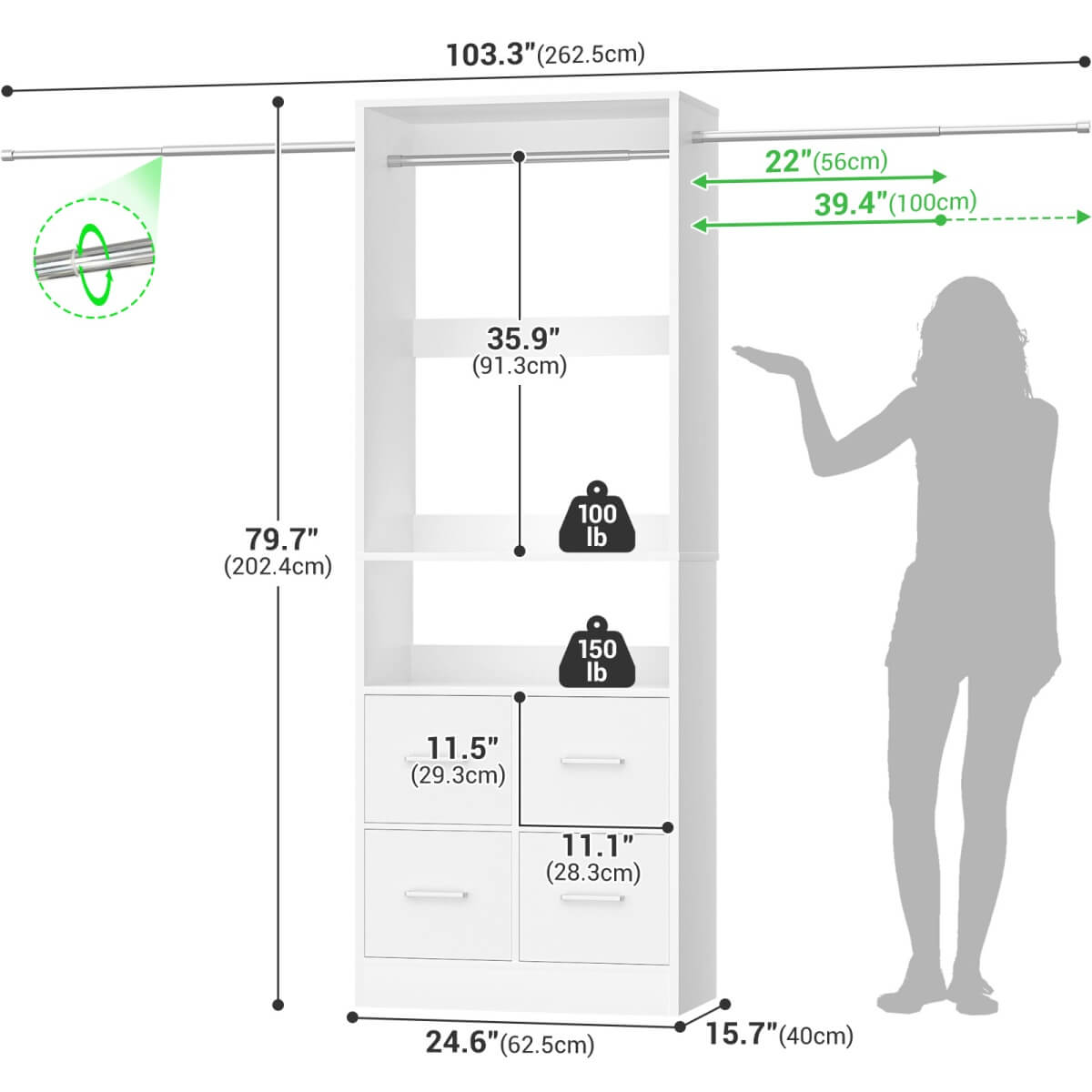 8FT Walk-in Closet System with 4 Fabric Drawers and 2 Rods