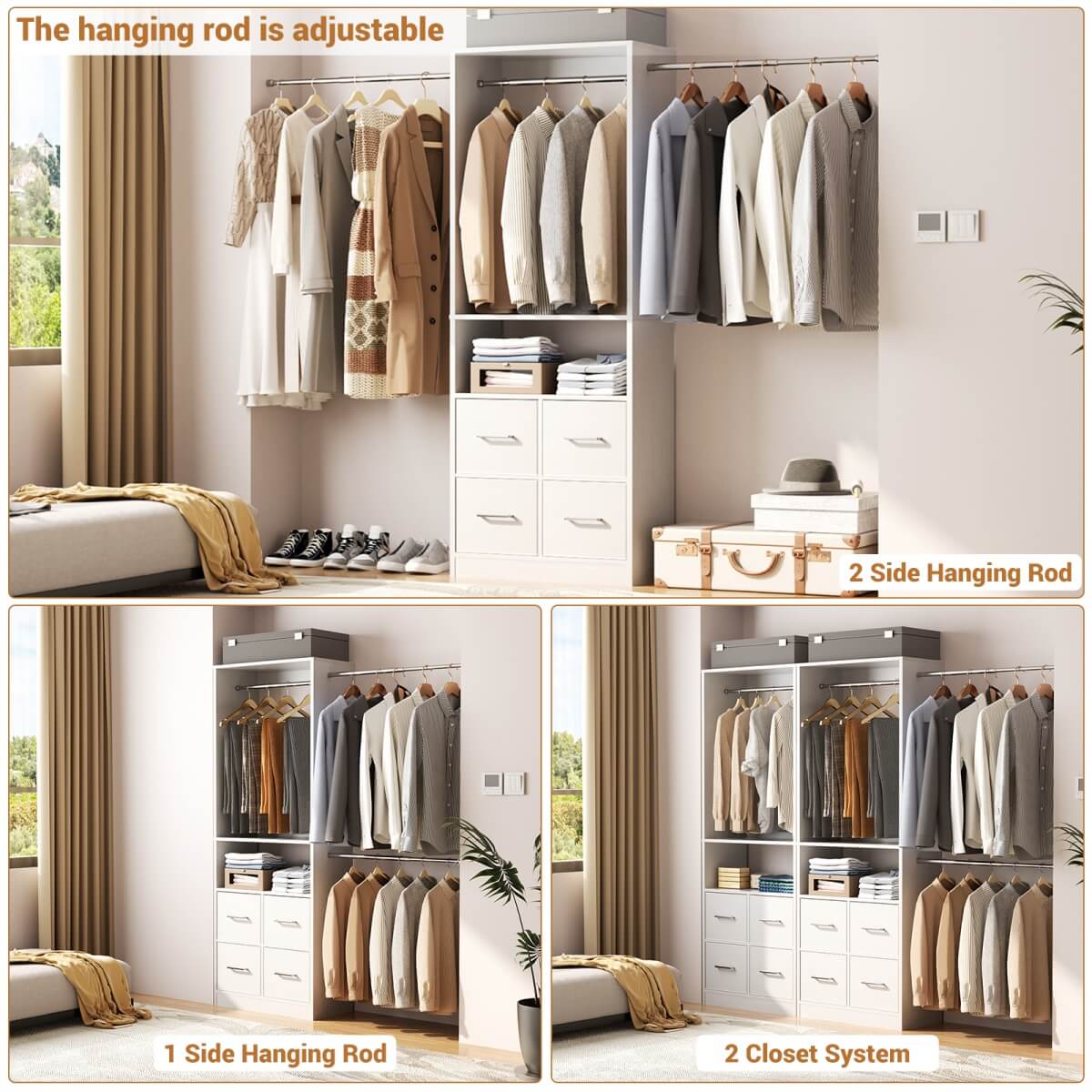 8FT Walk-in Closet System with 4 Fabric Drawers and 2 Rods