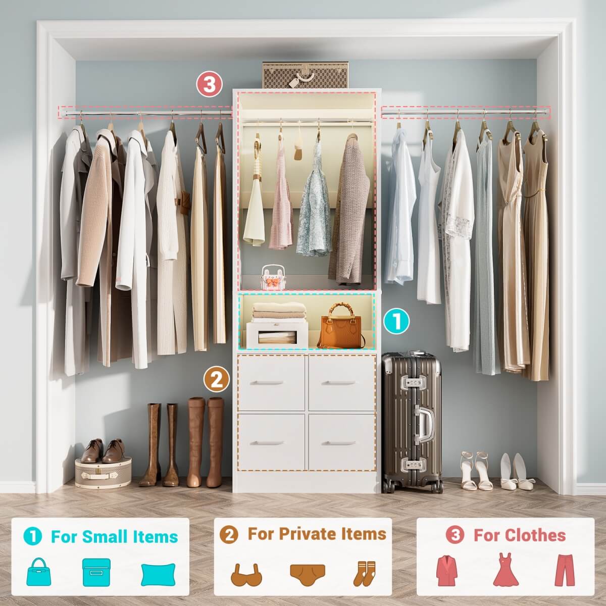 8FT Walk-in Closet System with 4 Fabric Drawers and 2 Rods