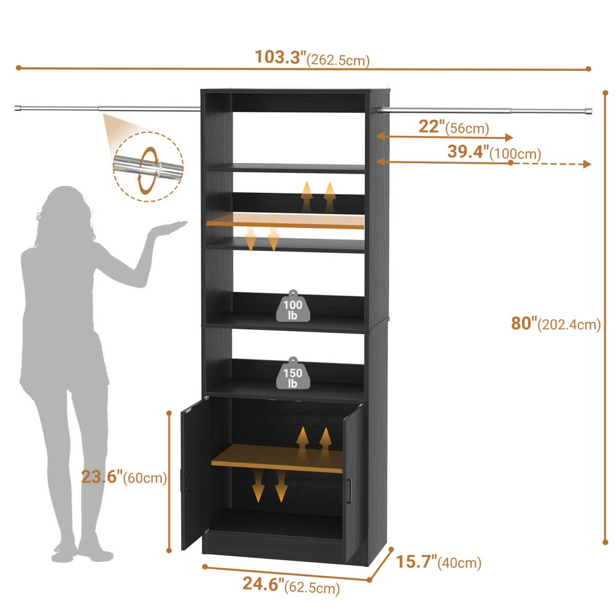 8FT Heavy Duty Closet Organizer System with Adjustable Shelves and Cabinet