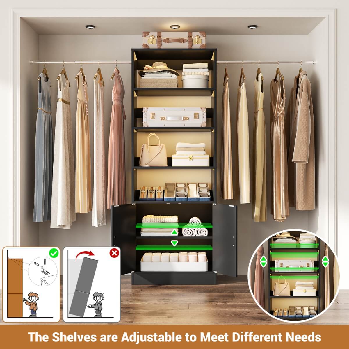 8FT Heavy Duty Closet Organizer System with Adjustable Shelves and Cabinet