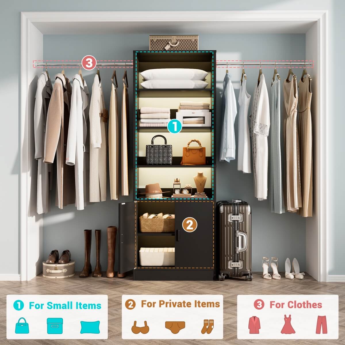 8FT Heavy Duty Closet Organizer System with Adjustable Shelves and Cabinet