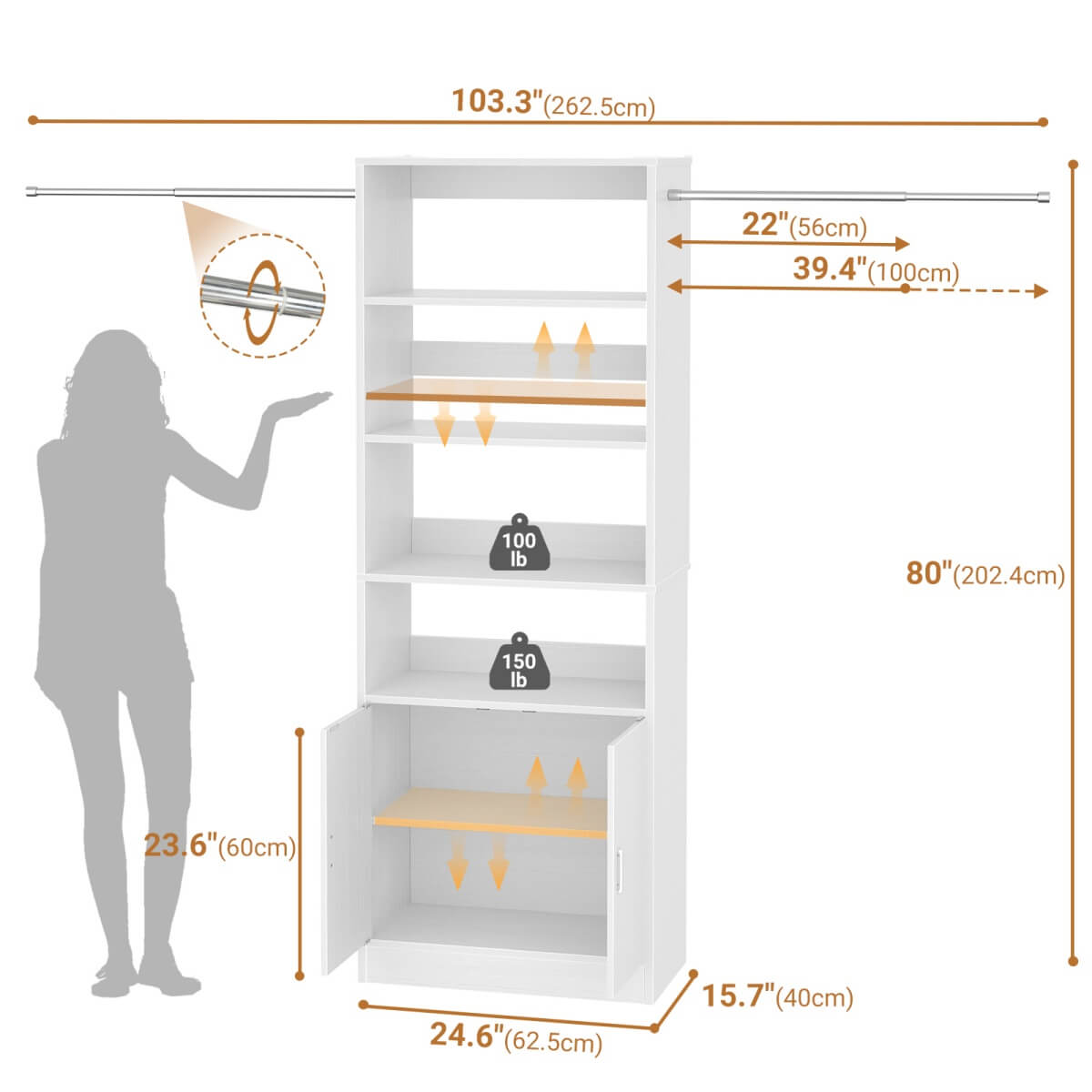 8FT Heavy Duty Closet Organizer System with Adjustable Shelves and Cabinet