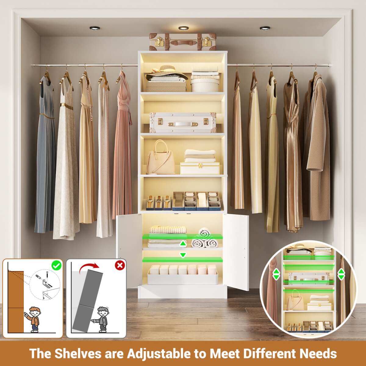 8FT Heavy Duty Closet Organizer System with Adjustable Shelves and Cabinet