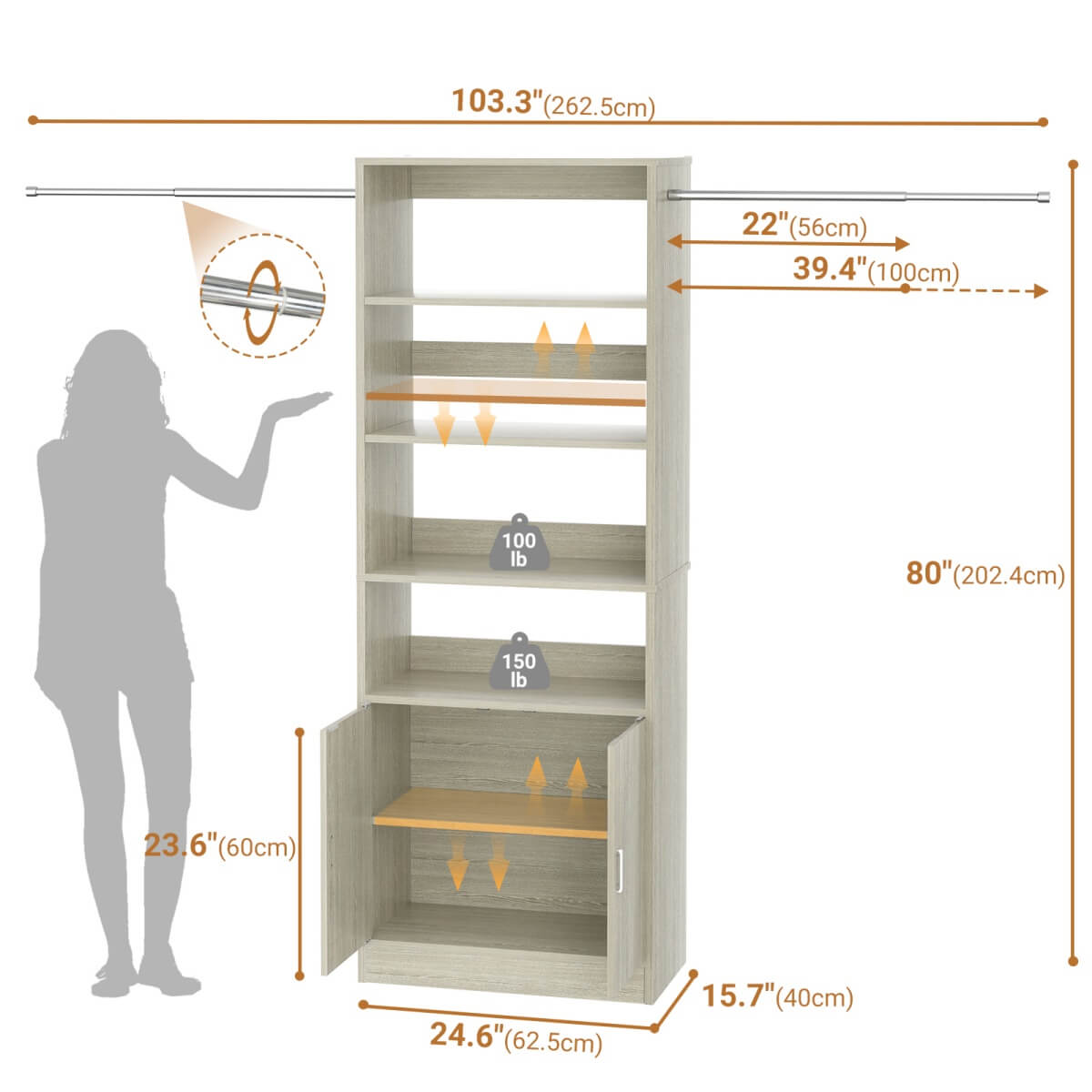 8FT Heavy Duty Closet Organizer System with Adjustable Shelves and Cabinet
