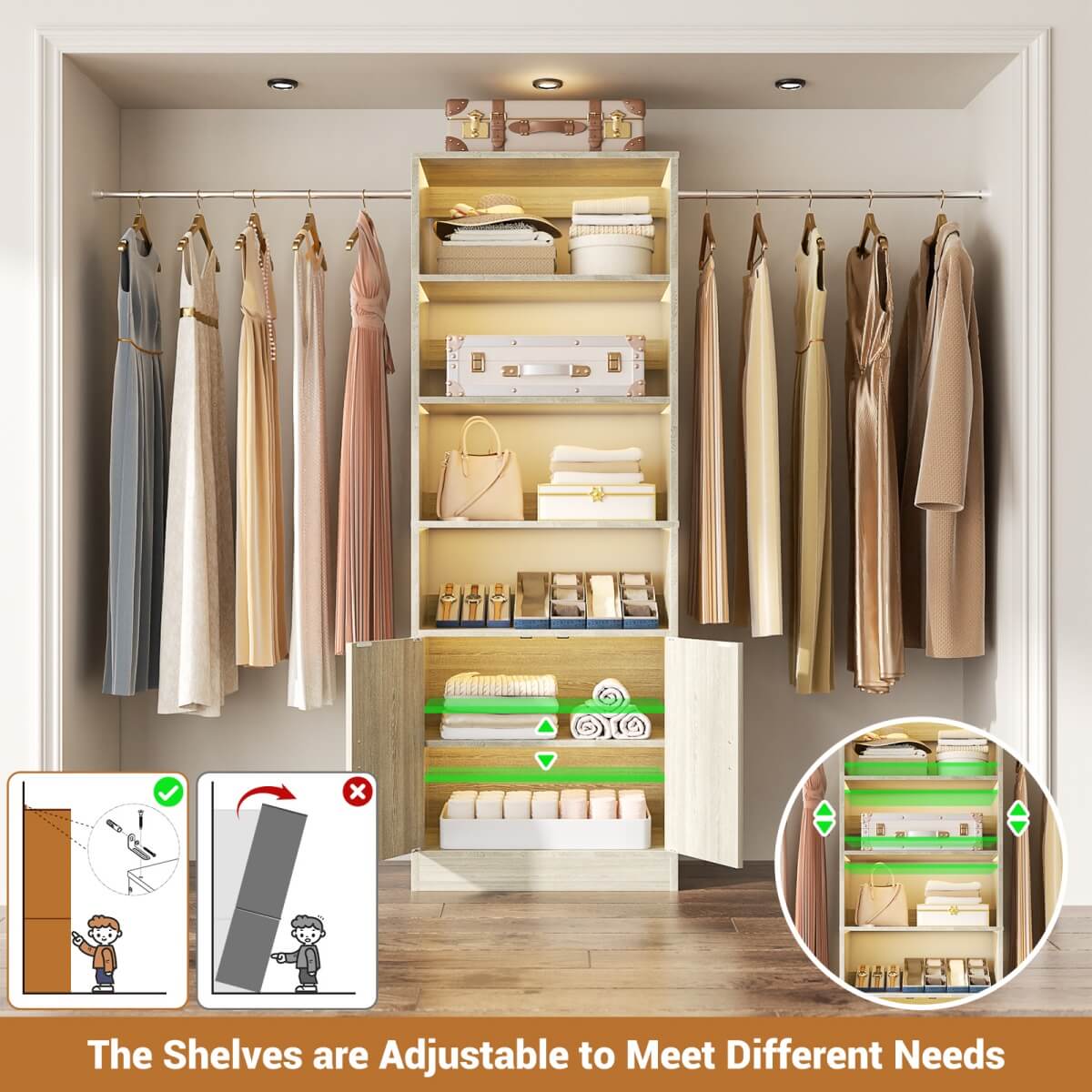 8FT Heavy Duty Closet Organizer System with Adjustable Shelves and Cabinet