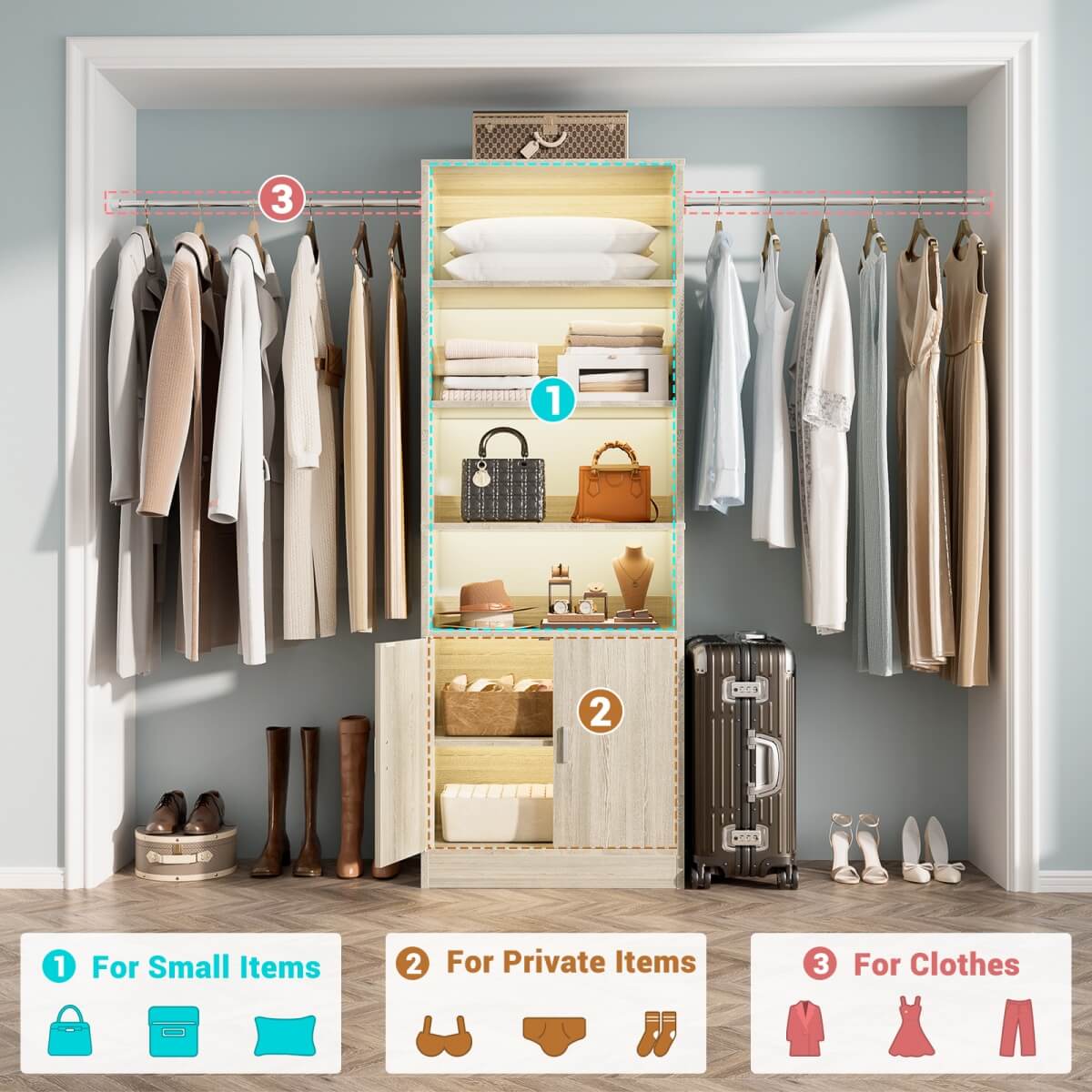 8FT Heavy Duty Closet Organizer System with Adjustable Shelves and Cabinet