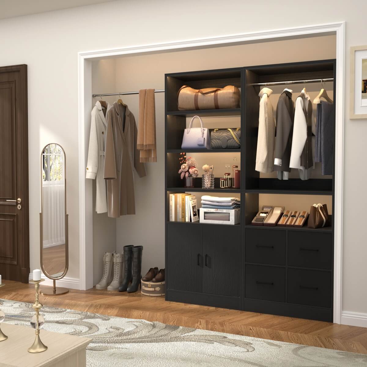 Walk-in Closet System Set of 2, with 4 Fabric Drawers and Storage Cabinet