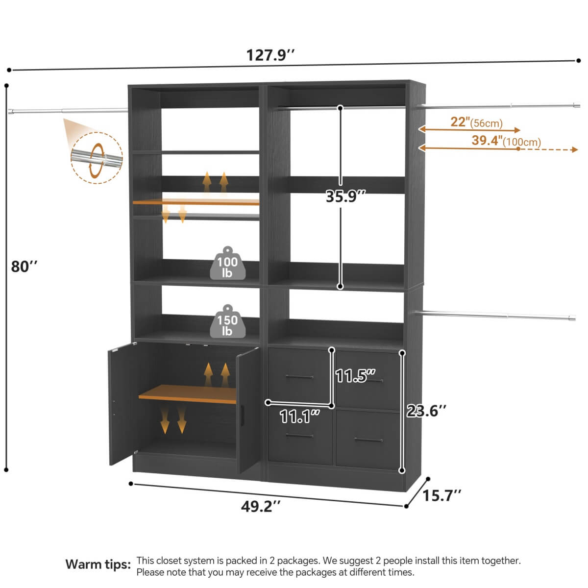 Walk-in Closet System Set of 2, with 4 Fabric Drawers and Storage Cabinet