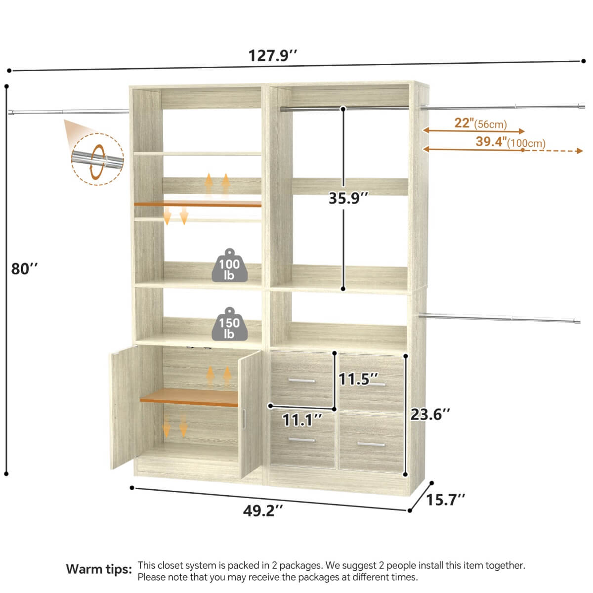 Walk-in Closet System Set of 2, with 4 Fabric Drawers and Storage Cabinet