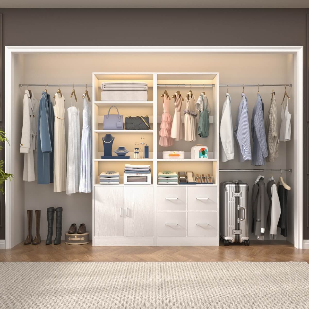 Walk-in Closet System Set of 2, with 4 Fabric Drawers and Storage Cabinet