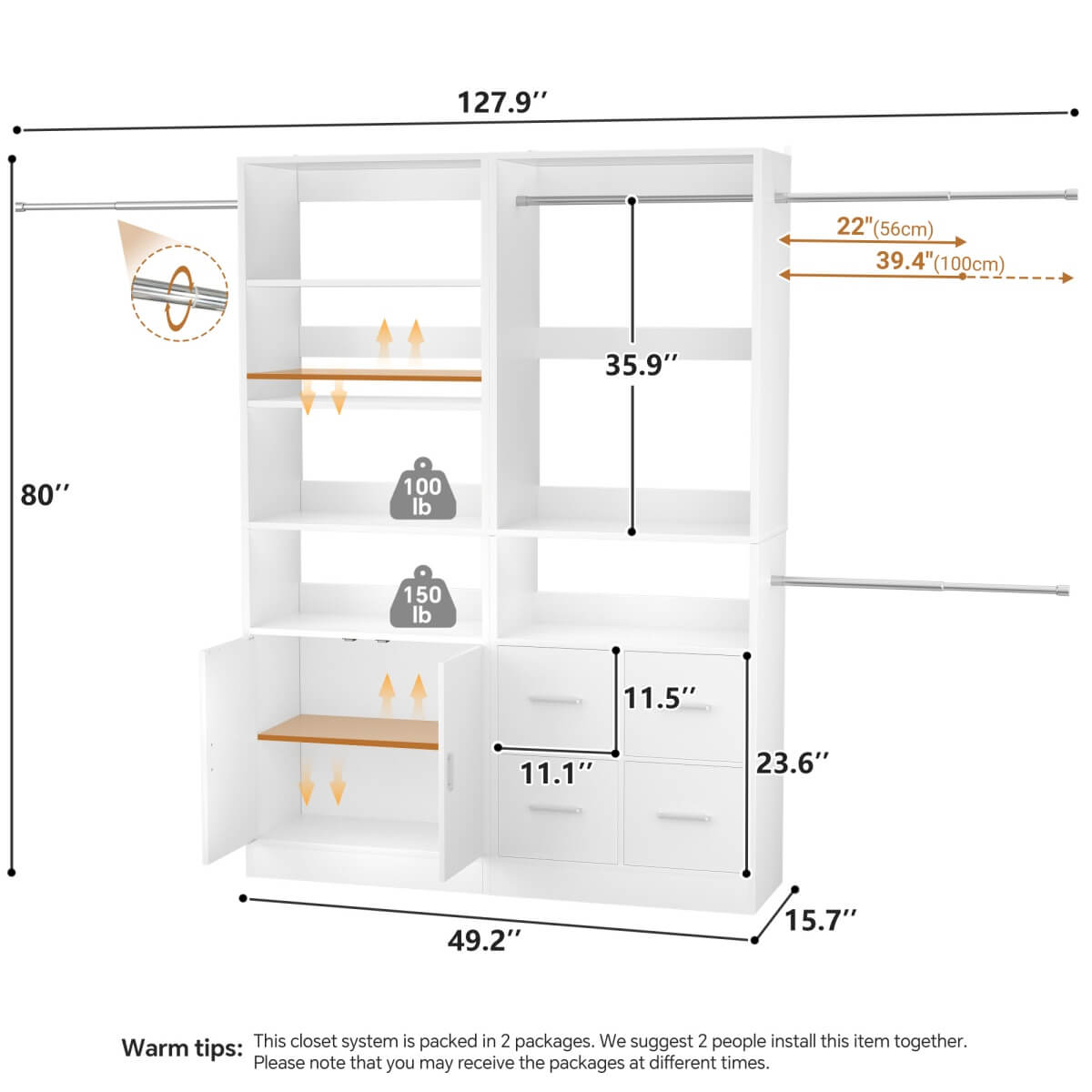 Walk-in Closet System Set of 2, with 4 Fabric Drawers and Storage Cabinet