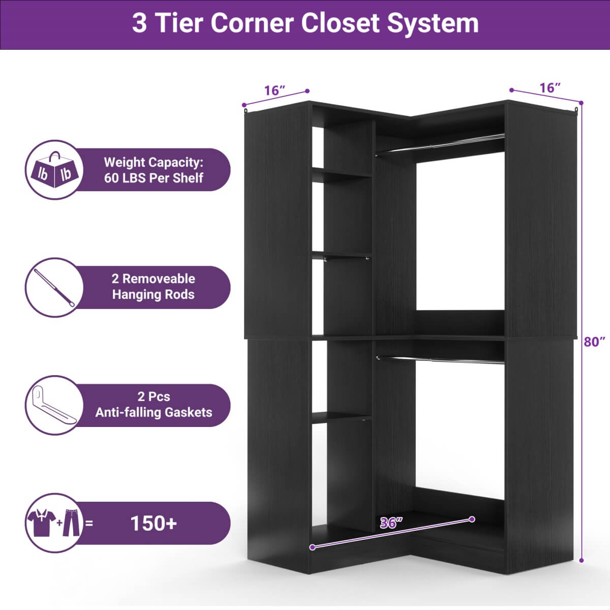36" Corner Closet System with Hanging Rods for Versatile Storage