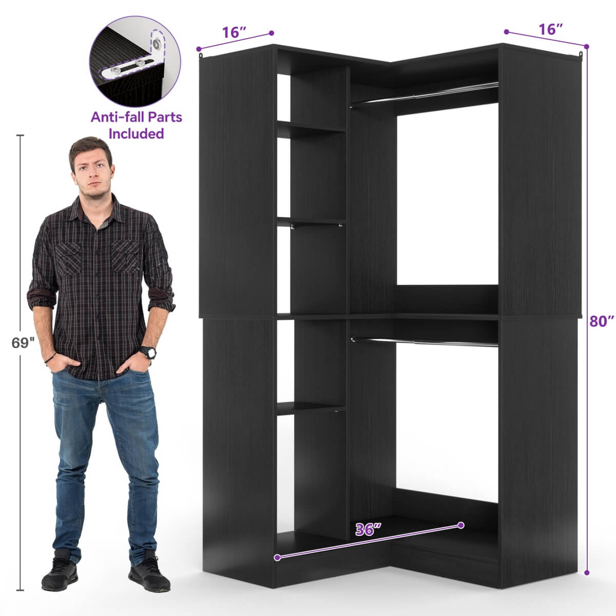 36" Corner Closet System with Hanging Rods for Versatile Storage