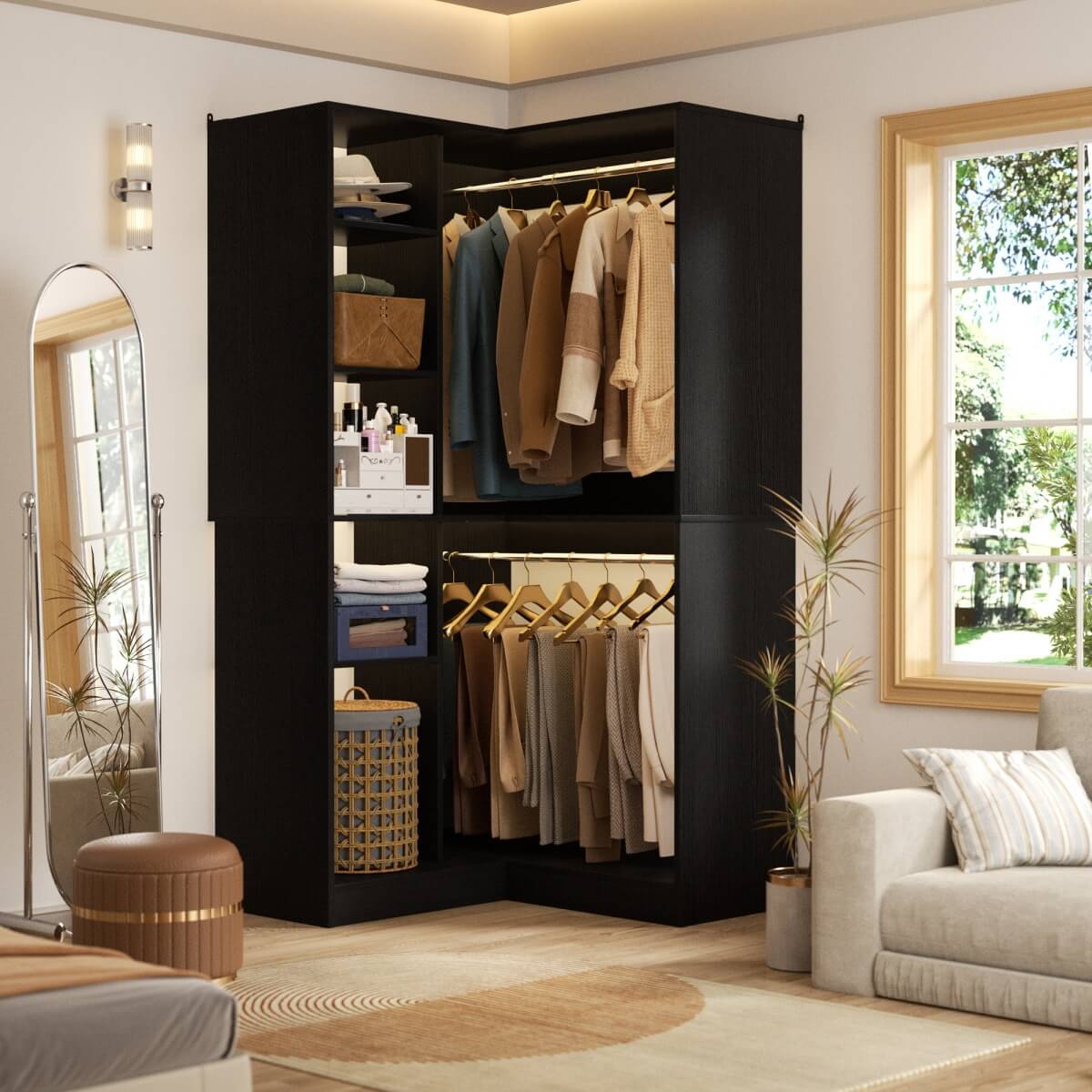 36" Corner Closet System with Hanging Rods for Versatile Storage