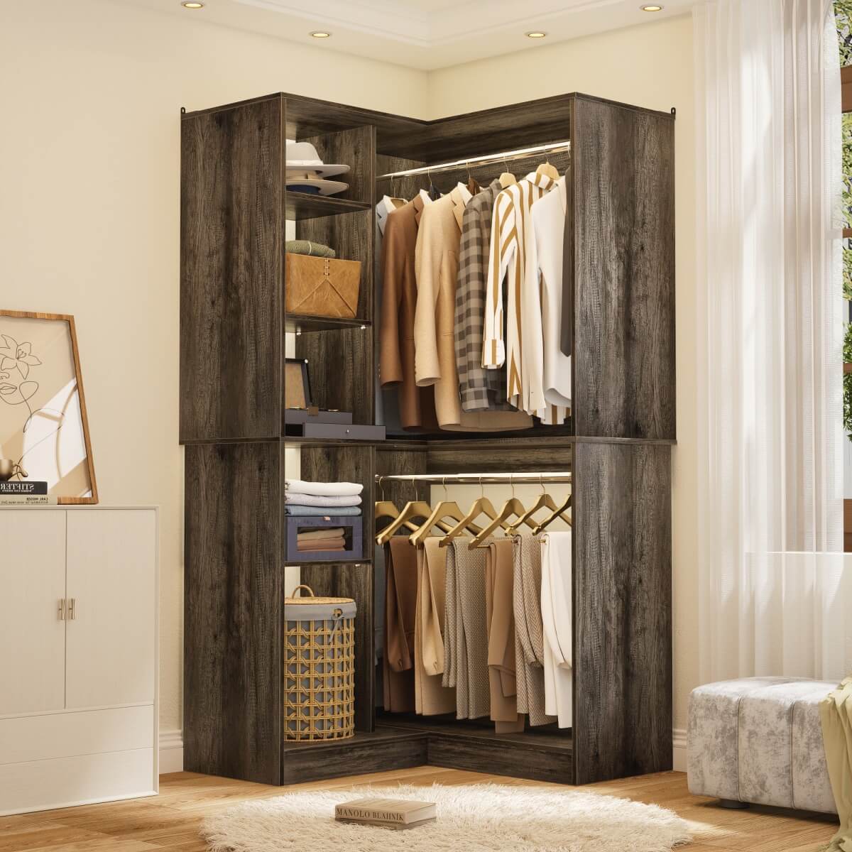 36" Corner Closet System with Hanging Rods for Versatile Storage