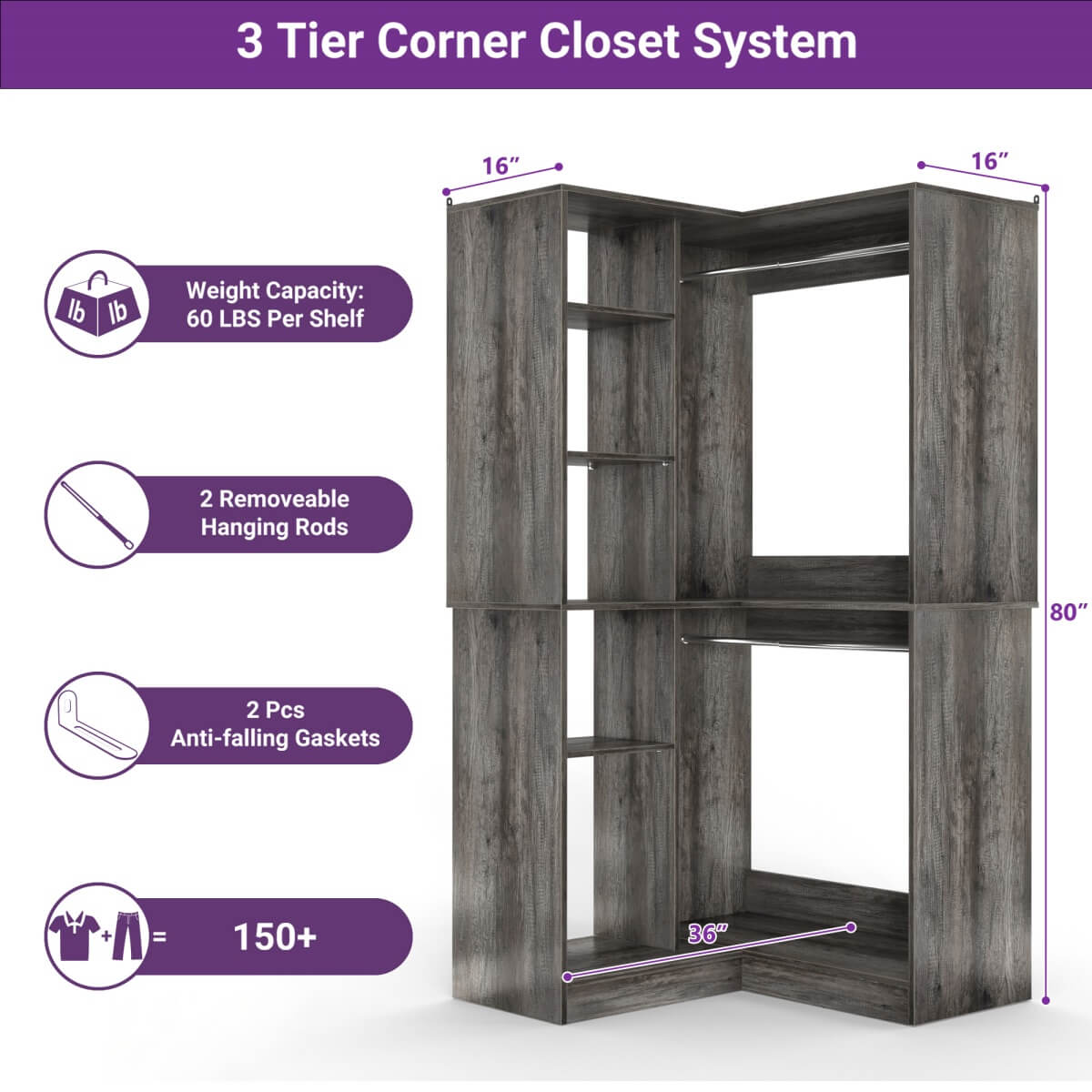 36" Corner Closet System with Hanging Rods for Versatile Storage