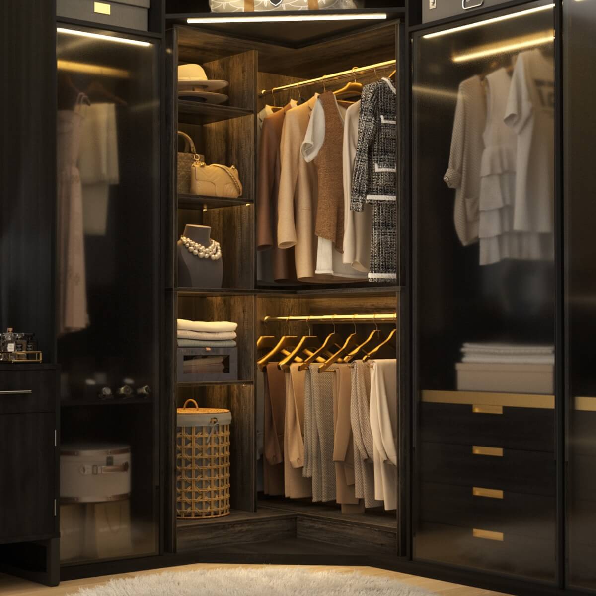 36" Corner Closet System with Hanging Rods for Versatile Storage