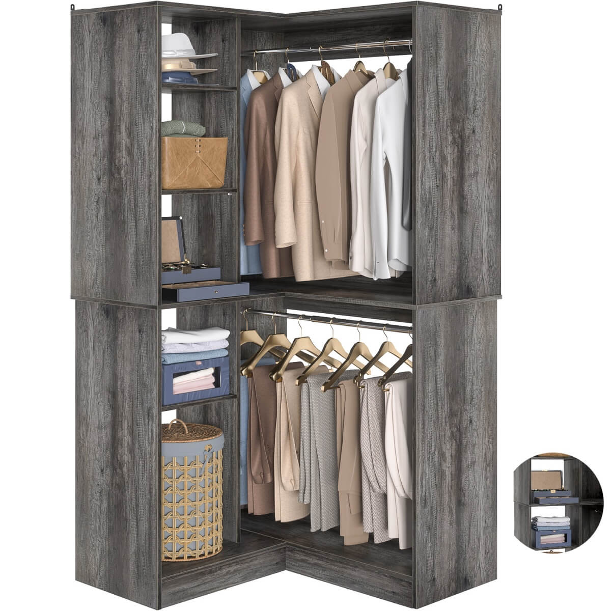 36" Corner Closet System with Hanging Rods for Versatile Storage