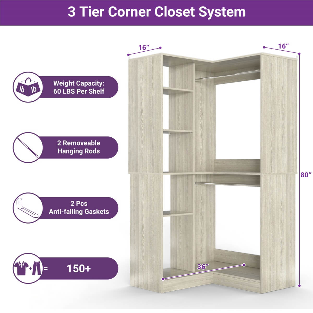 36" Corner Closet System with Hanging Rods for Versatile Storage