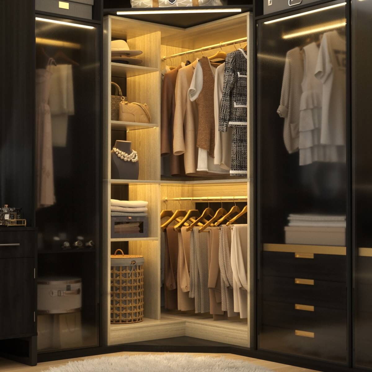 36" Corner Closet System with Hanging Rods for Versatile Storage