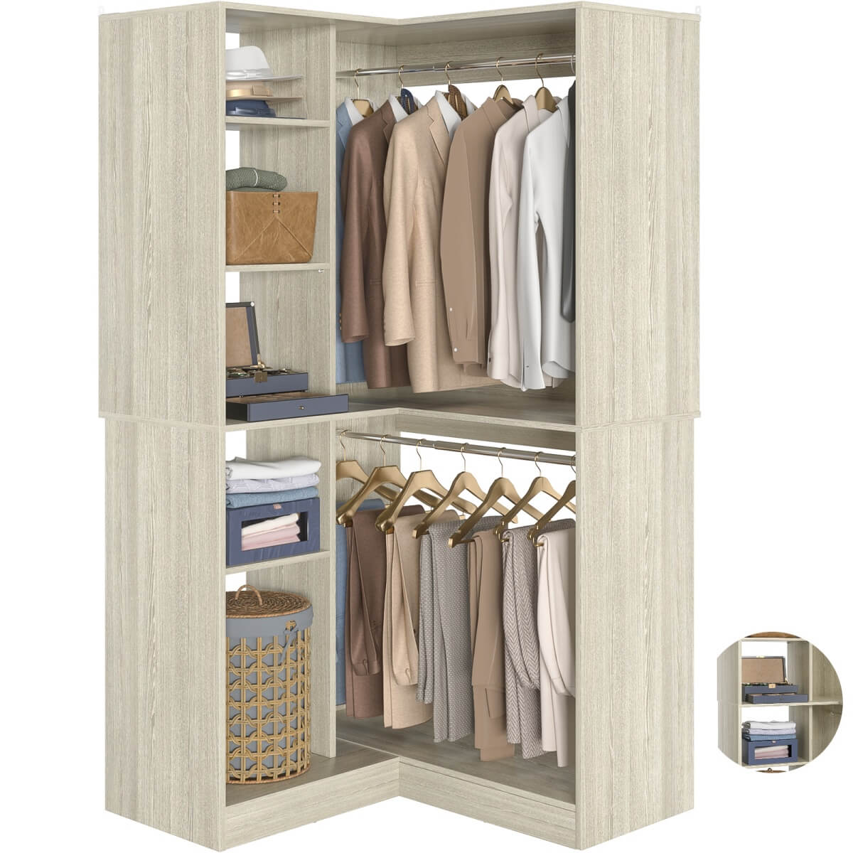 36" Corner Closet System with Hanging Rods for Versatile Storage