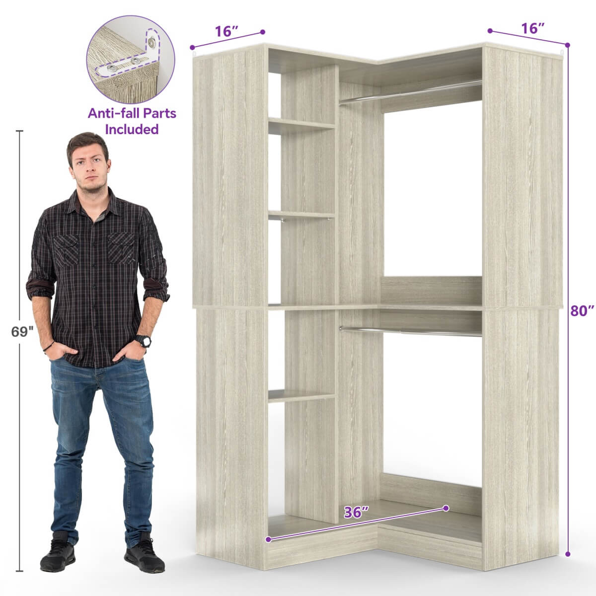 36" Corner Closet System with Hanging Rods for Versatile Storage