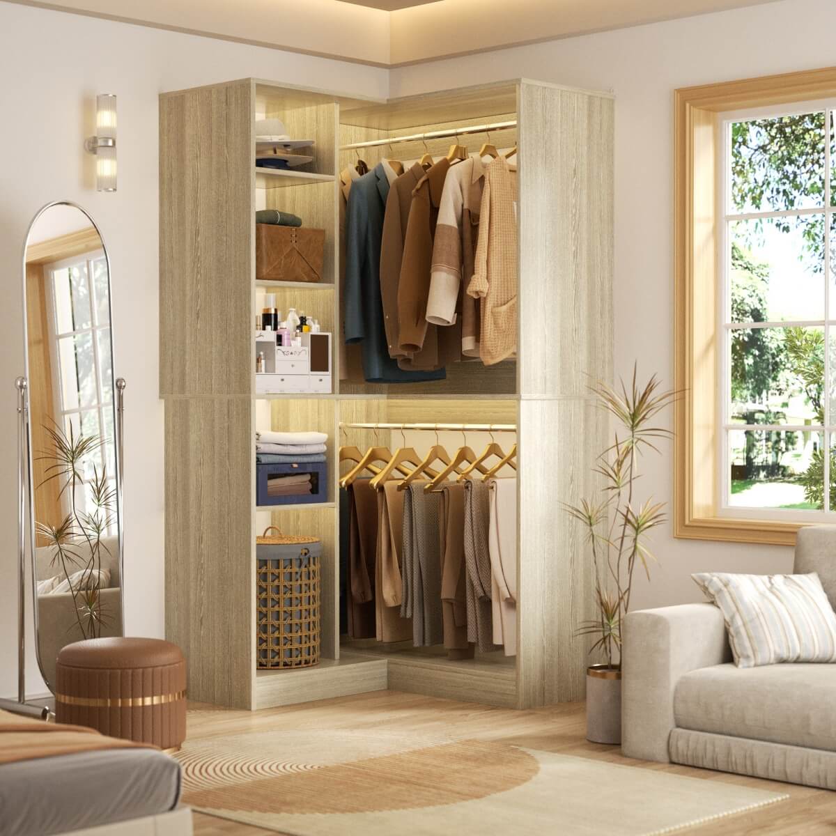 36" Corner Closet System with Hanging Rods for Versatile Storage
