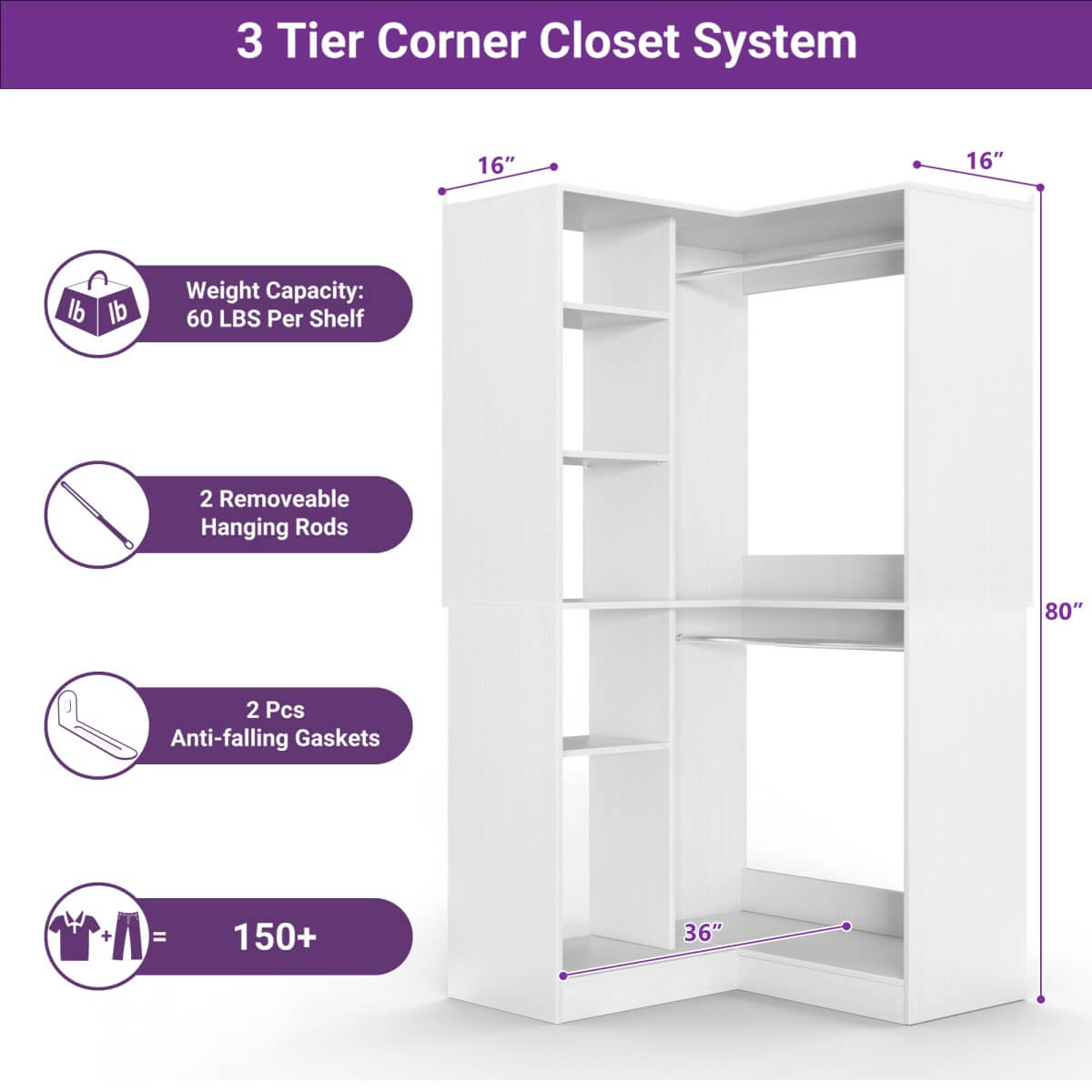 36" Corner Closet System with Hanging Rods for Versatile Storage