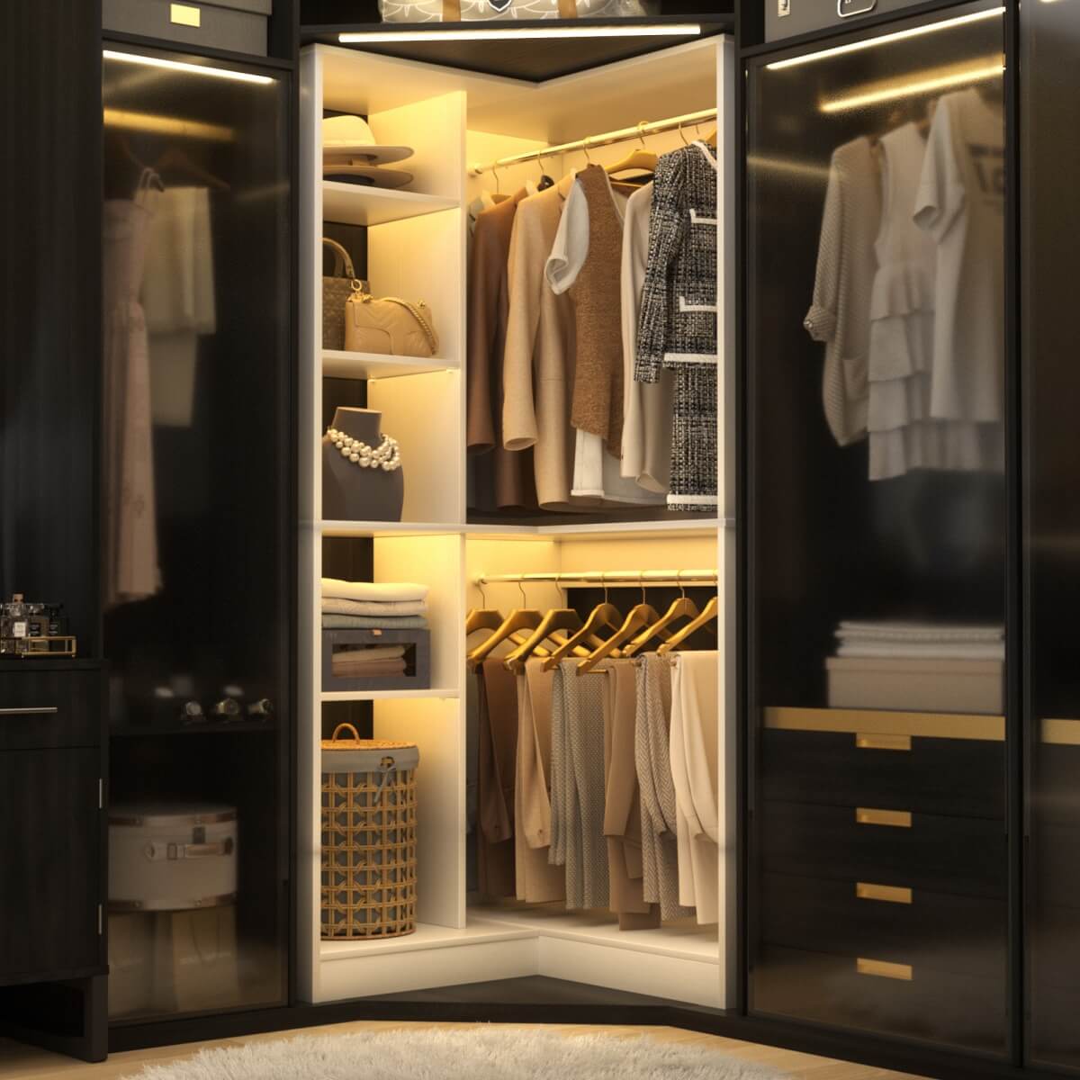 36" Corner Closet System with Hanging Rods for Versatile Storage
