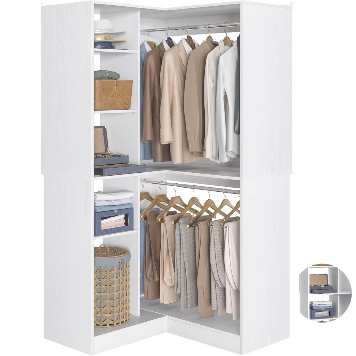 36" Corner Closet System with Hanging Rods for Versatile Storage