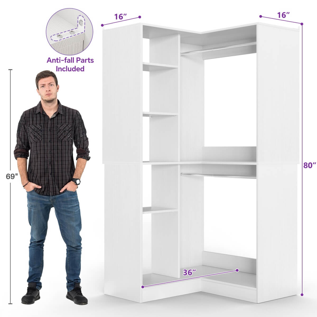 36" Corner Closet System with Hanging Rods for Versatile Storage