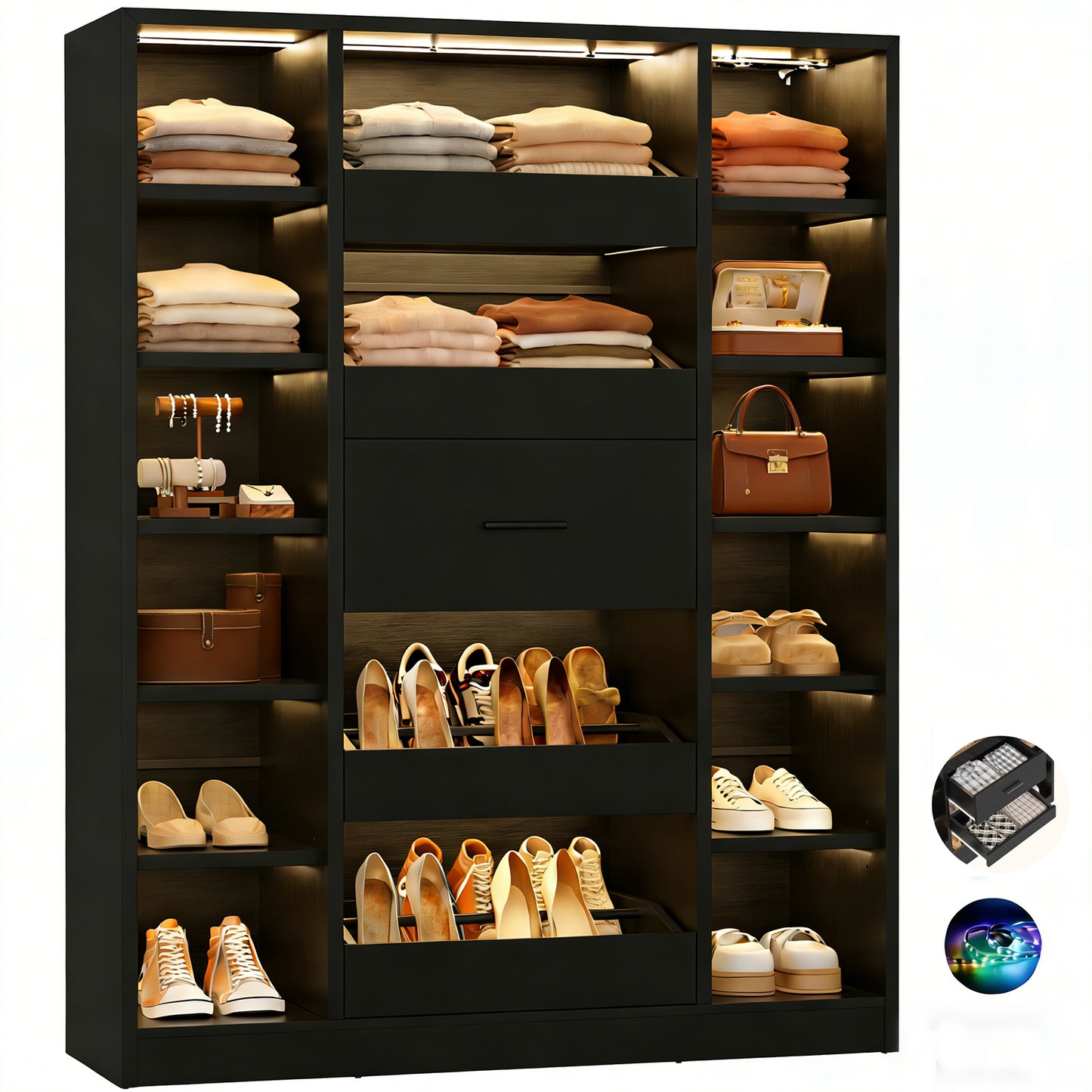 40" Closet System with LED Lights, Wooden Closet Organizer with 5 Drawers & 12 Shelves
