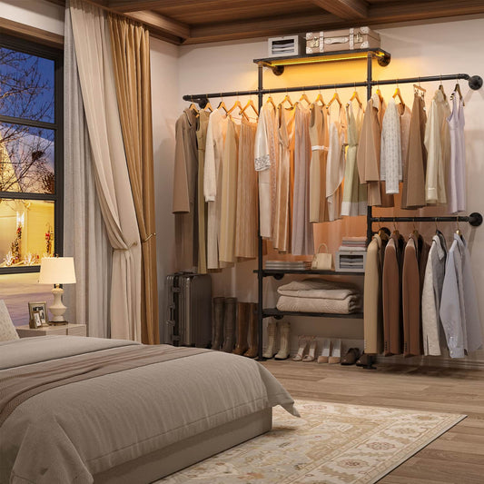 87-In Wall-mounted Pipe Garment Rack with Wood Shelves, Heavy-duty Closet Organizer System with 4 Hanging Rods-