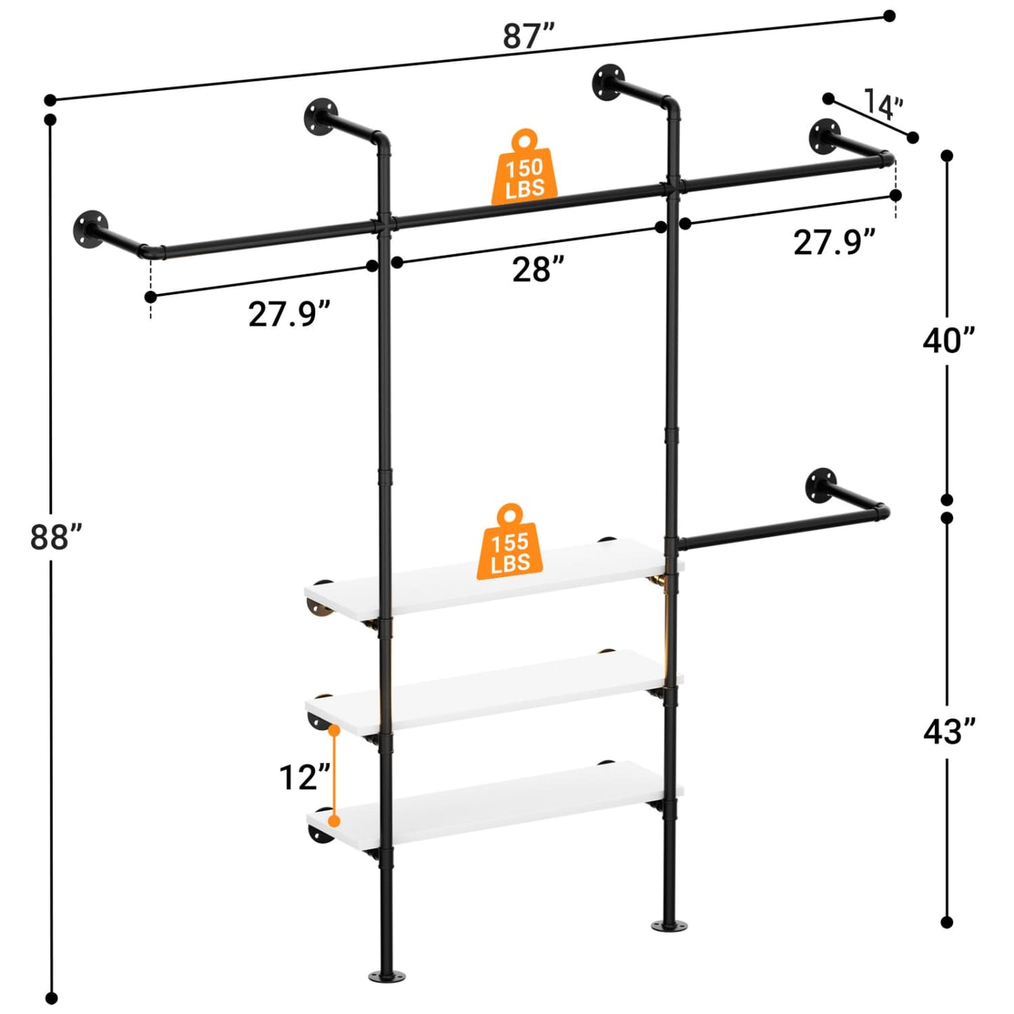 87-In Wall-mounted Pipe Garment Rack with Wood Shelves, Heavy-duty Closet Organizer System with 4 Hanging Rods-