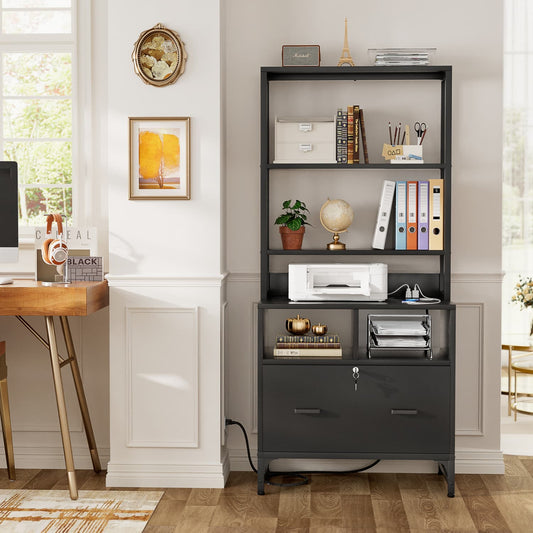 File Cabinet with Charging Station, Bookshelf with Filing Cabinet