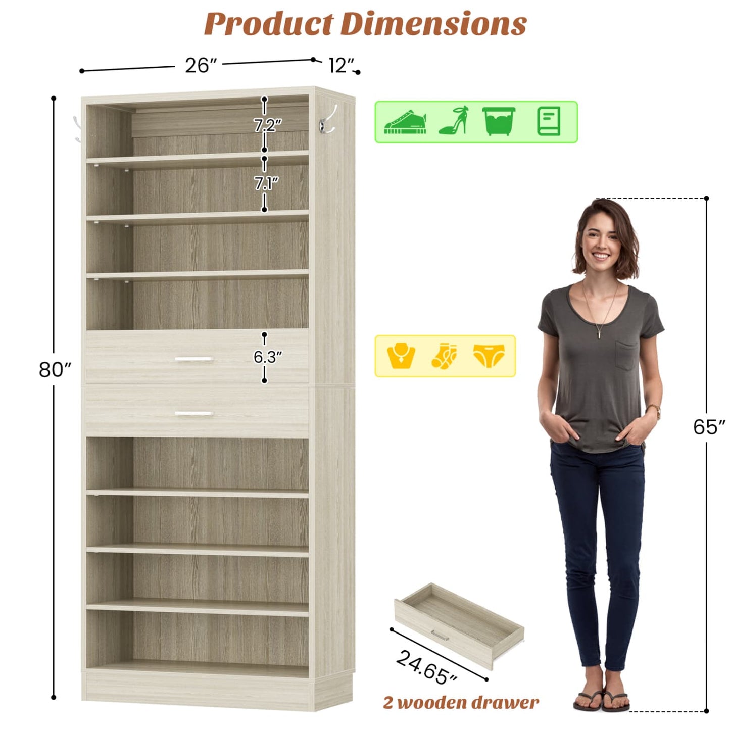 26-In Shoe Cabinet with Wood Drawers, Closet Shoe Rack Organizer