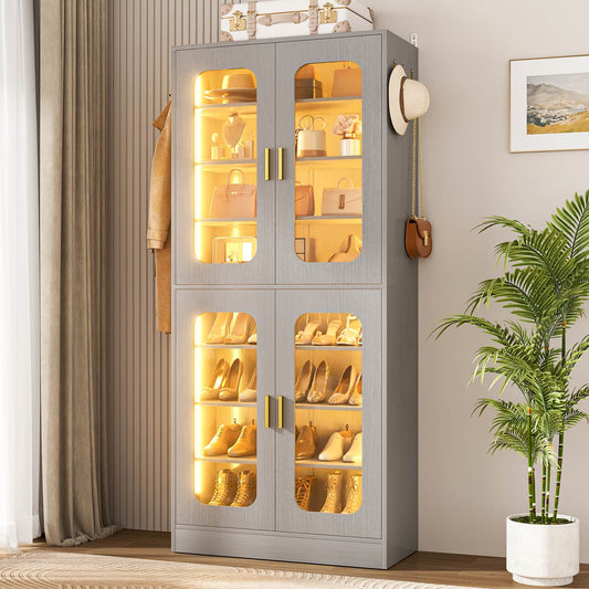 Shoe Cabinet With LED Light, Closet Shoe Organizer with Adjustable Shelves