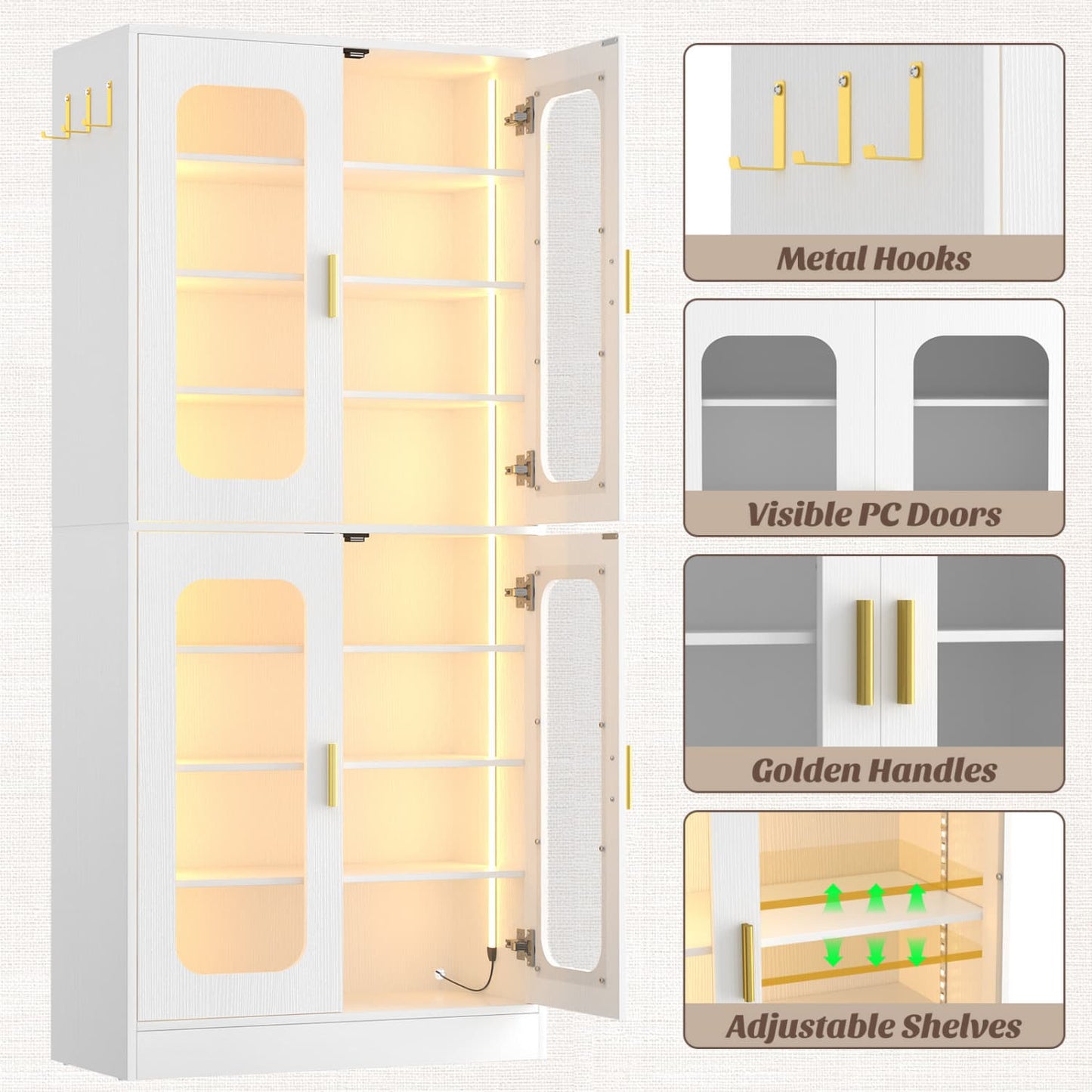 Shoe Cabinet With LED Light, Closet Shoe Organizer with Adjustable Shelves