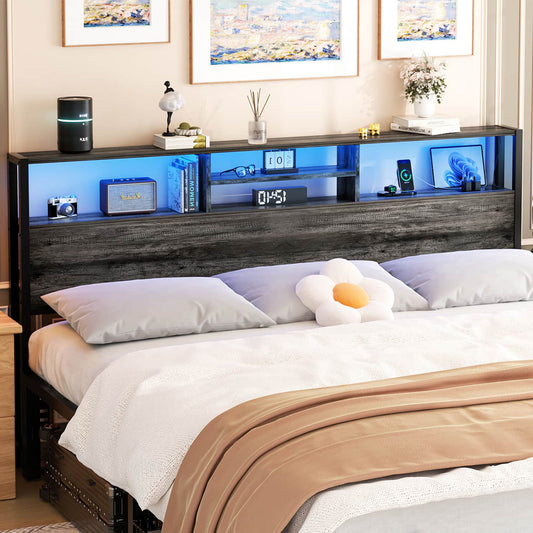 King Headboard with Charging Station, Storage Head Board for Bedframe